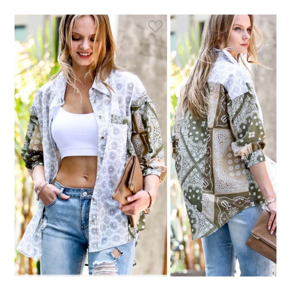Vintage Olive Medallion Patchwork Oversized Blouse